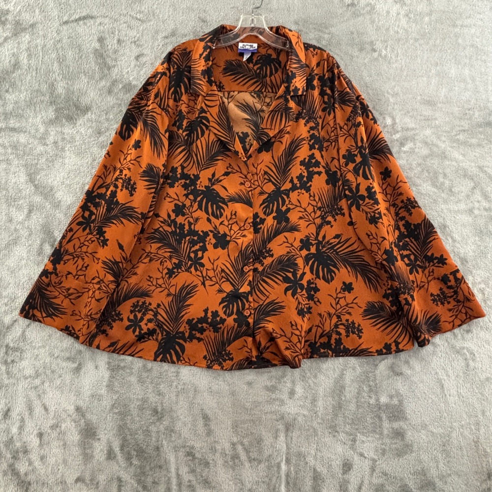 Future Collective Kahlana Barfield Brown Silky Shirt Womens 2X Orange Button Up